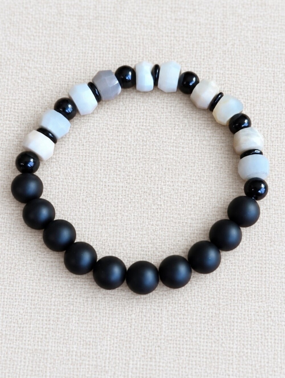 Cherry Sakura Agate & Black Onyx Beaded Stretch Bracelet | Handmade